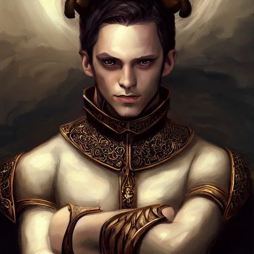 Image similar to a detailed matte head - on portrait painting of an tiefling nobleman with white skin, golden eyes and short well kept hair, by charlie bowater, lise deharme, wlop, tending on arstation, dungeons and dragon, dnd, pathfinder, fanart, oil on canvas