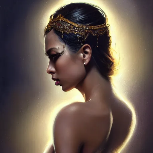 Prompt: expressive oil painting, of alluring latina princess, smooth glowing skin, oiled body, pretty eyes, love, adoration, ornate headpiece of black beads, tattoo, glamour shot, by yoshitaka amano, by greg rutkowski, by jeremyg lipkinng, by artgerm, digital art, octane render, white dress