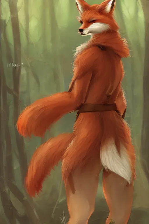 Image similar to an anthropomorphic medieval fox with a fluffy tail in the forest, trending on artstation, trending on furaffinity, digital art, by kawacy, anime, furry art, warm light, backlighting