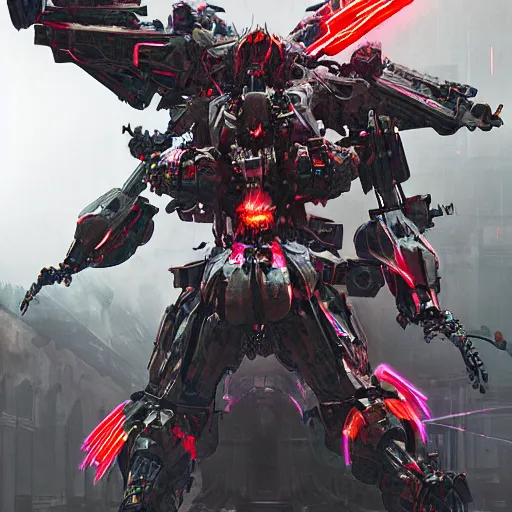 Image similar to demon mecha satanic hyperviolent siconolfi inward unreal engine 5 volumetric lighting beautiful photography psychedelic horror art destruction of city fire death satanic hyperviolent hypergore hyperdetailed gruesome photo - realistic by yoji shinkawa apophasis victo ngai godmachine vektro 3 d blender model incredible coherence coherent