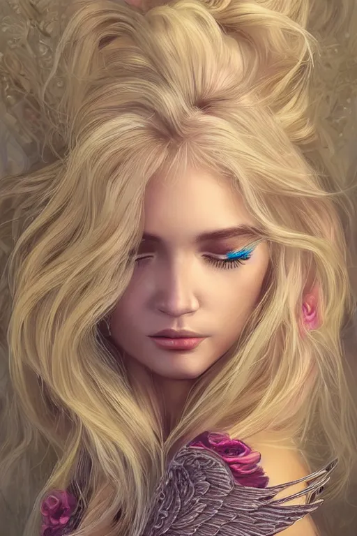 Image similar to beautiful blonde young woman's face, magical, angelic wings, flowers, intricate, synth-wave, retrowave, highly-detailed, elegant, dramatic lighting, gorgeous face, lifelike, photorealistic face, long luxurious intricate gown, digital painting, artstation, illustration, concept art, smooth, sharp focus, art by Craig Russel, Barry Smith, artgerm, and Albert Aublet and Krenz Cushart and Artem Demura and Alphonse Mucha