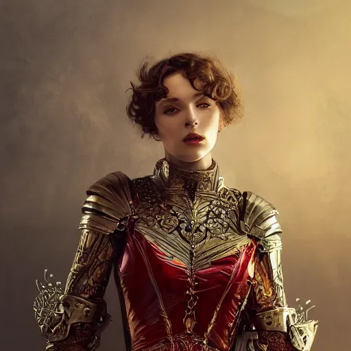 Image similar to portrait of gorgeous russian woman in armor, dramatic lighting, silver gold red details, filigree, intricate details, cinematic, elegant, octane render, art nouveau, 8k post-processing, intricate art by John Collier and Albert Aublet and Krenz Cushart and Artem Demura and Alphonse Mucha,