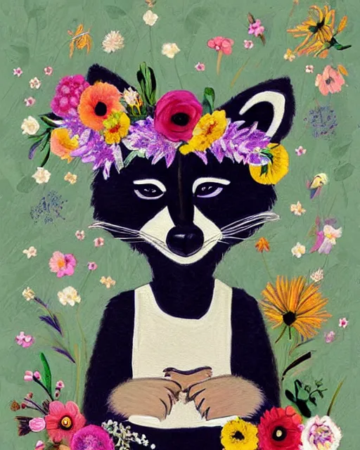 Image similar to a painting of a raccoon wearing a flower crown, a storybook illustration by naomi okubo, pinterest contest winner, furry art, made of flowers, storybook illustration, whimsical, muted colors, white paper background