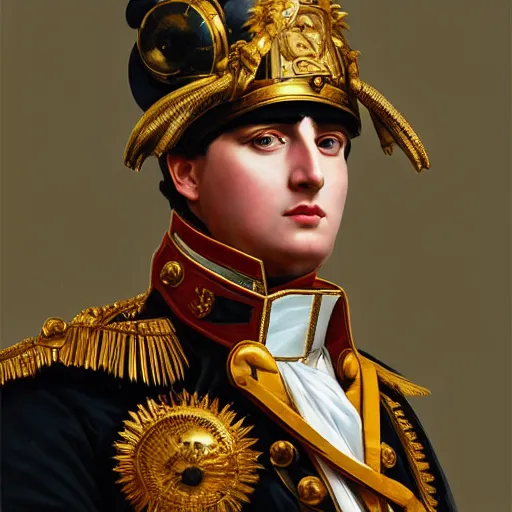 Image similar to portrait of divine emperor napoleon bonaparte, handsome, tall, dieselpunk steampunk napoleonic french baroque, metal shoulder pauldrons, intricate, highly detailed, digital painting, artstation, concept art, sharp focus, cinematic lighting, illustration, art by artgerm and greg rutkowski, alphonse mucha, cgsociety