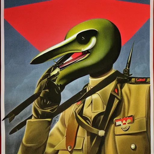 Image similar to a detailed and complex soviet propaganda poster depicting a dromaius in military uniform. painting by dmitri moor