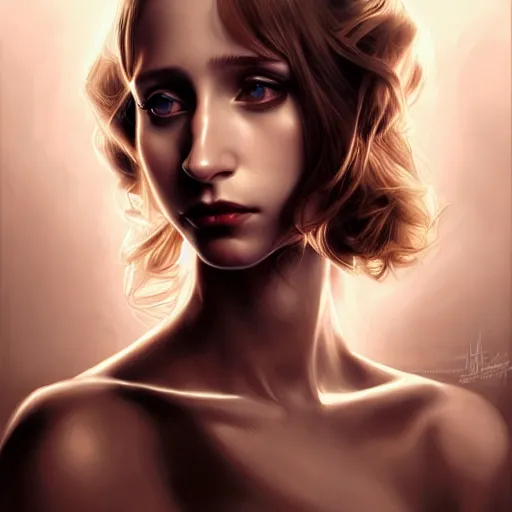 Prompt: in the style of rob hefferan, artgerm, beautiful taissa farmiga, steampunk, elegant pose, middle shot waist up, symmetrical face symmetrical eyes, cinematic lighting, detailed realistic eyes, short neck, insanely detailed and intricate elegant