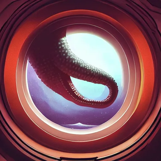 Image similar to The giant tentacle from the perspective of the spaceship porthole window, wide shot, broad detail, by Greg Rutkowski