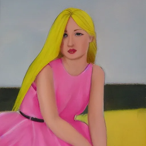 Image similar to girl with yellow hair and pink dress