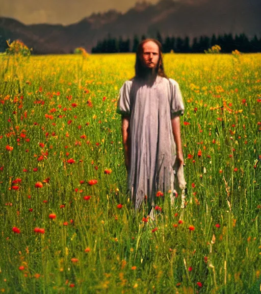 Image similar to mystical death god standing in tall meadow of flowers, distant, vintage film photo, grainy, high detail, high resolution