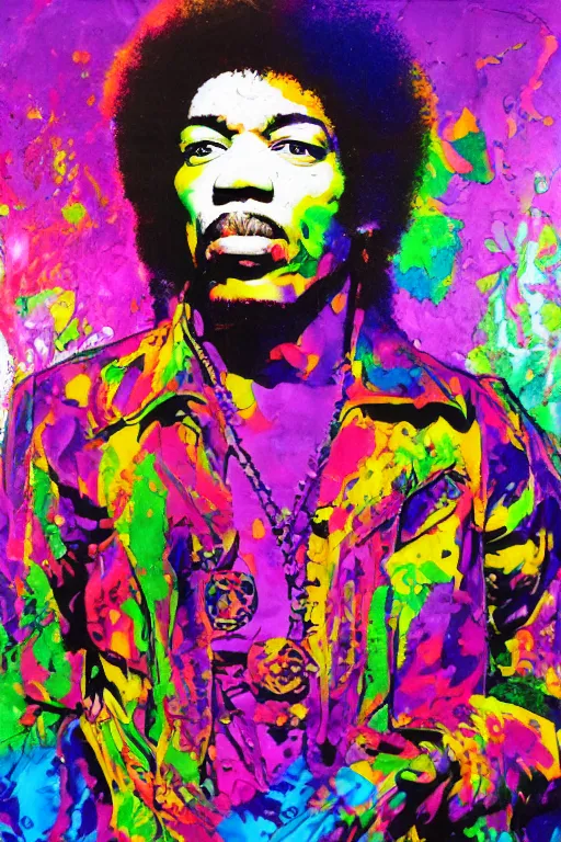 Image similar to Jimi Hendrix acrylic paint pour, watercolor, marbling, graffiti, very detailed, large white border, 144x144 canvas, hd, high resolution print :1 CMYK :1