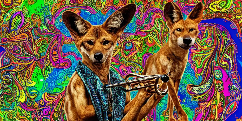 Image similar to highly detailed digital artwork of a psychedelic dingo - man with a salvador dali mustache. he wears a blue paisley jacket. he has a short green fade hairstyle. he is playing the trumpet.