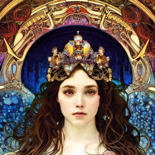 Prompt: realistic detailed face portrait of the beautiful young Queen of Precious Stones with a crown made of crystal points by Alphonse Mucha, Ayami Kojima, Amano, Charlie Bowater, Karol Bak, Greg Hildebrandt, Jean Delville, and Mark Brooks, Art Nouveau, Neo-Gothic, gothic, rich deep moody colors