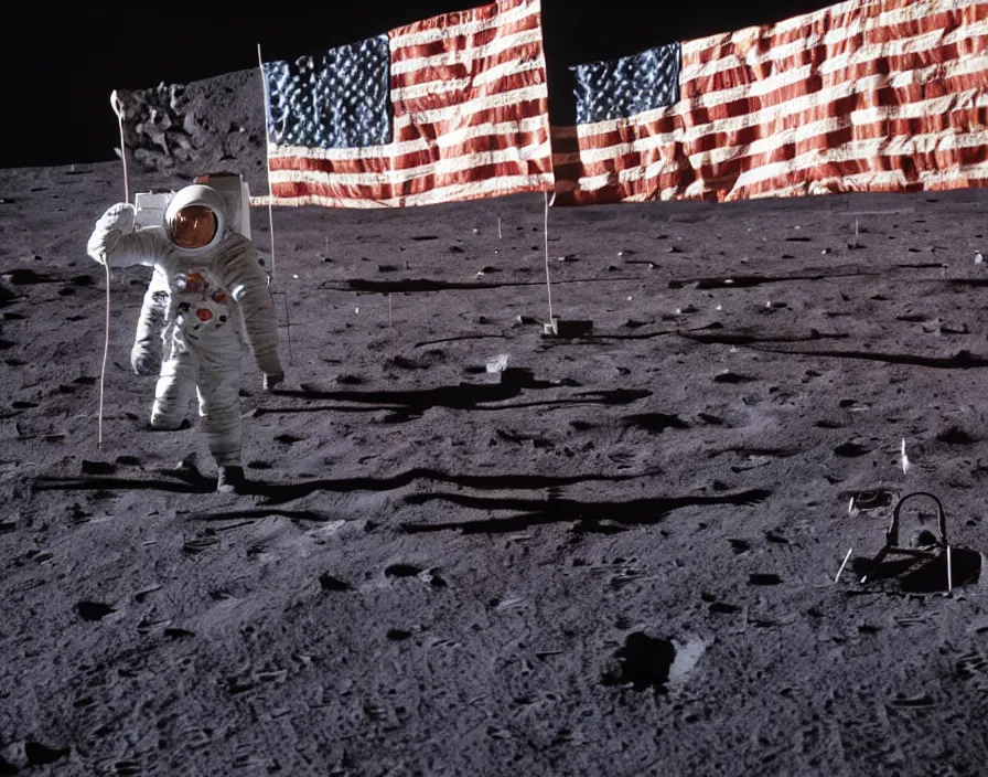 Image similar to One small step for man, one giant leap for man kind; zombie Neil Armstrong lands on the moon hoisting a neon American flag; cyberpunk moon landing; rendered by unreal engine 5; ultra high detail painting; 4K 8K; stunning composition; illustration; rich hues; saturated Miami Vice neon