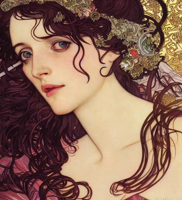 Image similar to detailed closeup of eva green by alphonse mucha, ayami kojima, yoshitaka amano