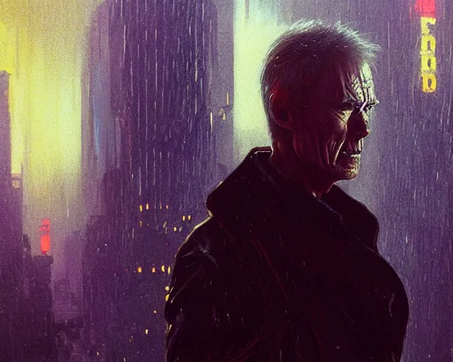 Image similar to 2 0 1 8 blade runner movie still clint eastwood look at the cityscape from roof perfect face fine realistic face pretty face reflective polymer suit tight neon puffy jacket blue futuristic sci - fi elegant by denis villeneuve tom anders zorn hans dragan bibin thoma greg rutkowski ismail inceoglu illustrated sand storm alphonse mucha