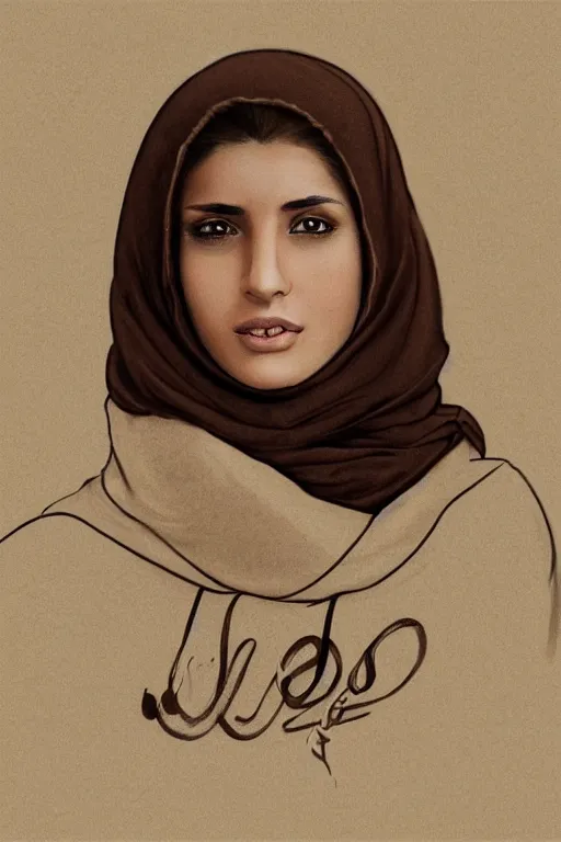 Prompt: short brown hair arab spanish shy young woman in beige hoodie, Diwani calligrapher using bamboo pen, cinematic lighting, hyper-detailed, cgsociety, trending on artstation, high resolution, in the style of Elena Masci, by John Samuel Agar