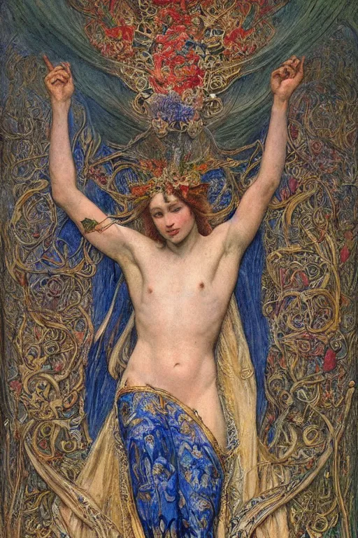 Image similar to coronation of the flower prince, by Annie Swynnerton and jean delville, embroidered brocade, tattoos, elaborate costume, geometric ornament, symbolist, rich colors, dramatic lighting, smooth, sharp focus, extremely detailed