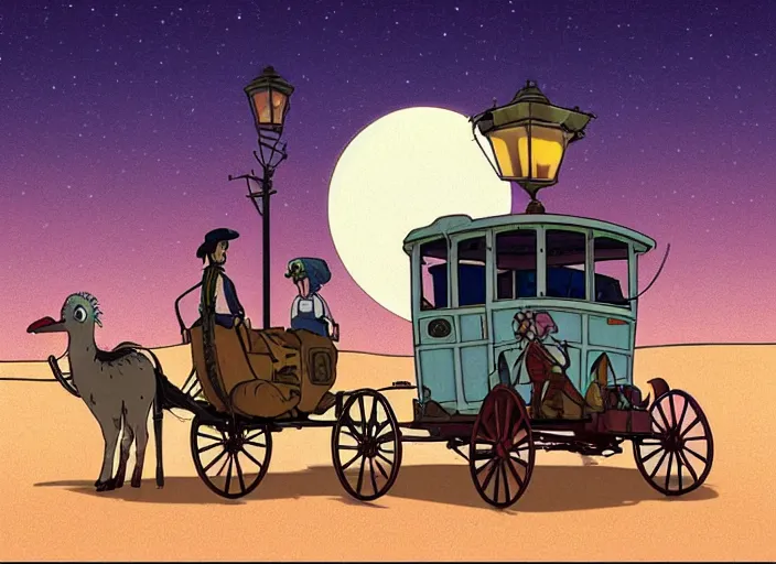 Image similar to a cell shaded cartoon of a stagecoach being pulled by two ostriches from howl's moving castle ( 2 0 0 4 ), on a desert road, lamp posts, in front of a pale full moon, full body, wide shot, very dull muted colors, studio ghibli, highly detailed, deviantart, art by artgem