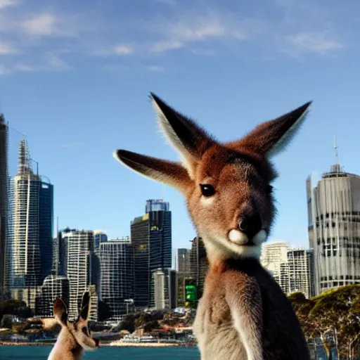 Prompt: sydney invaded by kangaroos in the future