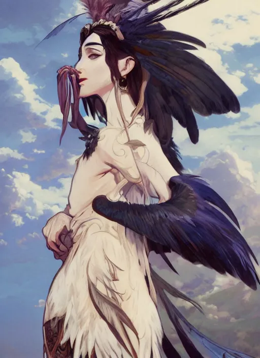 Image similar to concept art painting of a harpy with black feathers, pirate clothes, detailed, realistic, cel shaded, in the style of makoto shinkai and james gurney and alphonse mucha and greg rutkowski and artgerm