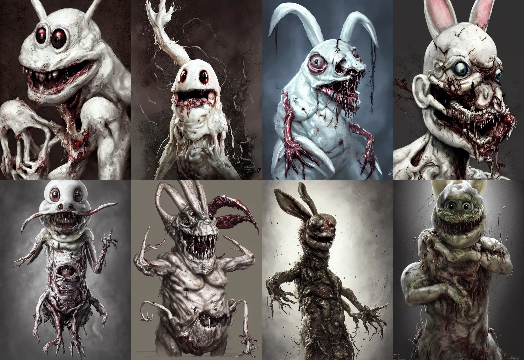 Prompt: a nightmarish slimy monster white easter bunny, with black eyes, rotting flesh, exposed bone, by jerad marantz, concept art, dramatic lighting, highly detailed digital painting