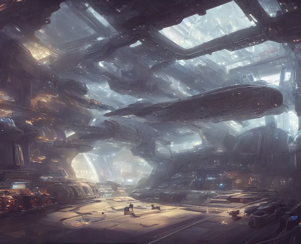 Image similar to the inside of a futuristic space dock, highly detailed interior, holographic screen in center frame by peter mohrbacher and craig mullins, dieselpunk, firefly, star citizen, unreal engine, extreme detail, hyper realism, realistic shading, cinematic composition, realistic render, octane render, detailed textures, photorealistic