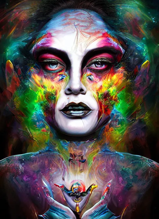 Prompt: tripping magic cult psychic woman, painted face, third eye, energetic consciousness psychedelic, epic surrealism expressionism symbolism, ultra high definition, unreal engine 5, volumetric lighting cinematic ray trace photorealism, symmetrical face, dark myth mythos, by sandra chevrier, peter kemp, masterpiece