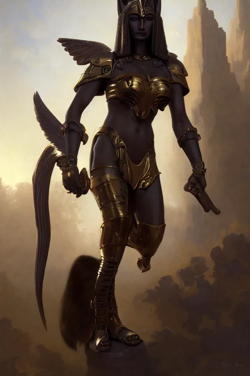 Image similar to Mystical Valkyrie, Portrait of a beautiful female Anubis warrior, Regal, Realistic, Refined, Detailed Digital Art, Oil Painting, William-Adolphe Bouguereau, Art Frahm, Esao Andrews, Steampunk, Walt Disney (1937), Highly Detailed, Cinematic Lighting, Unreal Engine, 8k, HD