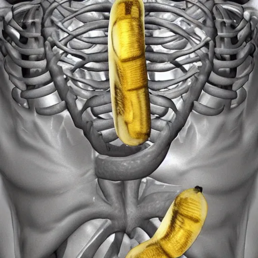 Image similar to Chest CT scan showing a banana lodged in the middle of the chest