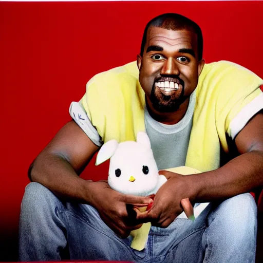 Image similar to kanye west smiling holding pikachu for a 1 9 9 0 s sitcom tv show, studio photograph, portrait c 1 2. 0