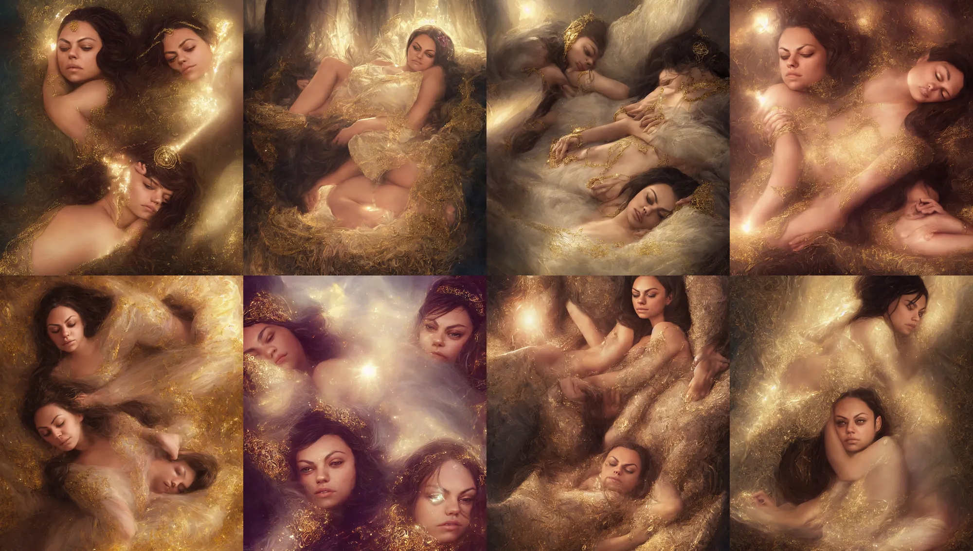 Prompt: close portrait of mila kunis as a little princess sleeping on her throne, intricate, gold glow, diamond prisms, morning sun - rays, wlop, greg rutkowski, steve argyle, ilya kuvshinov, rossdraw, daniel f. gerhartz,