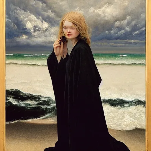 Image similar to Elle Fanning in a black robe holding a skull on the beach, head and shoulders portrait, stormy weather, extremely detailed masterpiece, Roger Deakin’s cinematography, oil on canvas, Norman Rockwell,