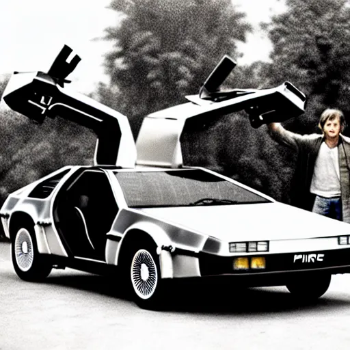 Image similar to delorean car from back to the future in an old black and white photograph of the piramids in ancient egypt, with doc and marty