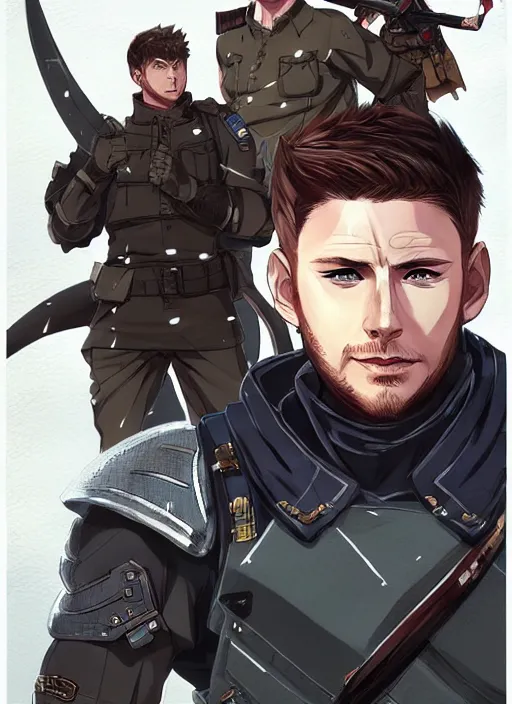 Prompt: an anime portrait of jensen ackles as soldier boys staring at chris evans from skyrim, by stanley artgerm lau, wlop, rossdraws, james jean, andrei riabovitchev, marc simonetti, and sakimichan, trending on artstation