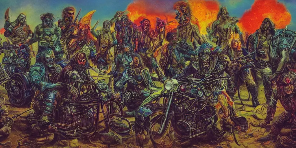 Prompt: psychedelic post apocalyptic orc biker gang, sharp focus, psychedelic colors, michael whelan, boris vallejo