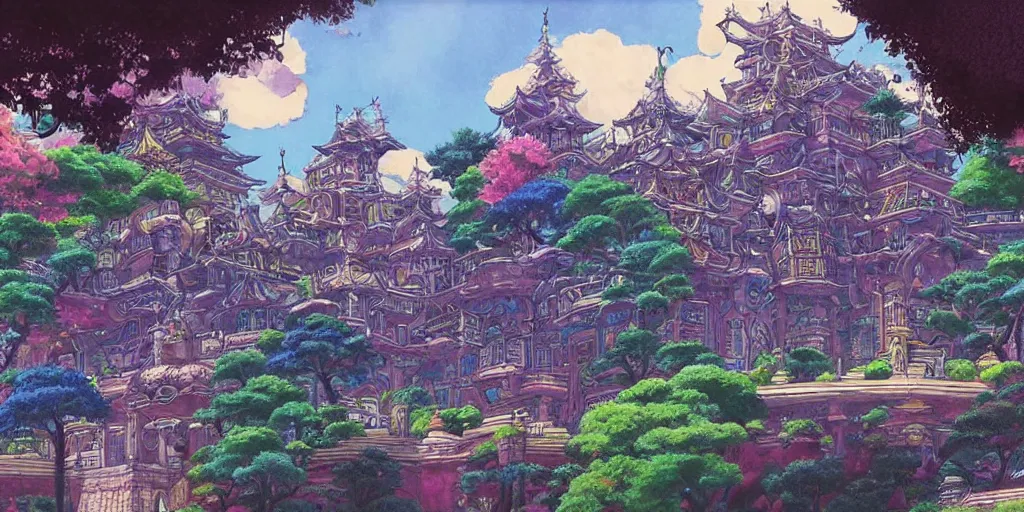 Image similar to beautifully detailed painting of a dreamy psychedelic Palace by studio ghibli , moebius, FFXIV environment design