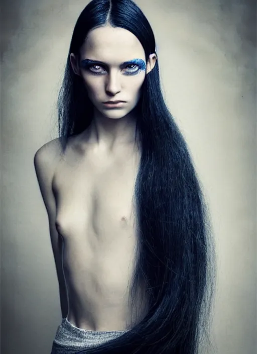 Image similar to portrait photograph of the most beautiful woman with a long dark blue hair, blue eyes, stern expression, lorenzo agius, alessio albi