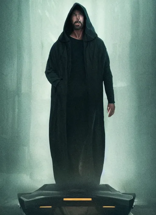 Prompt: dark figure wearing black robe with subtle trim gold accents hooded cyberpunk bladerunner 2049 movie still (2017)