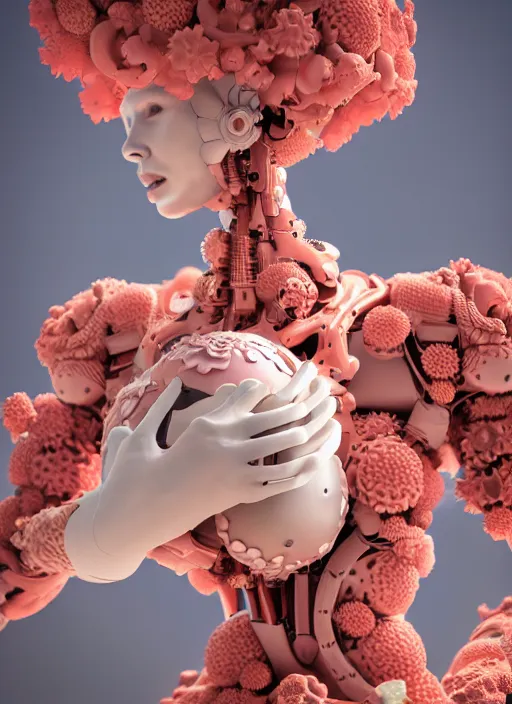 Image similar to biomechanical mannequin carrying perfume enchanted coral kingdom made of corals, daisies, roses in an ivory room well contoured smooth fair walls, up close shot, sharp focus, global illumination, radiant light, alexandre ferra white mecha, irakli nadar, octane highly render, 4 k, ultra hd,