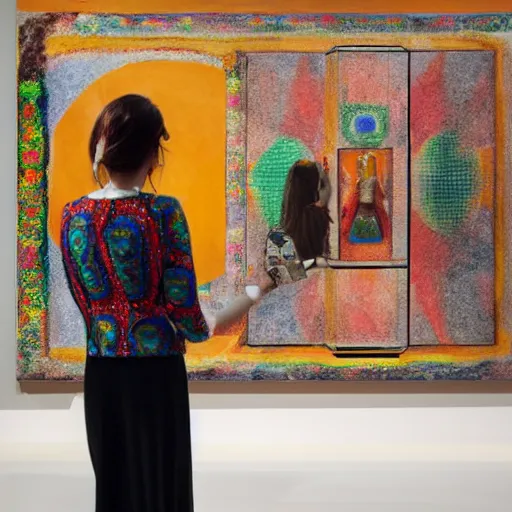 Image similar to art curator looking at a screen with a painting of empathy machine, recursive, on stage in the middle of a fashion show in the style of grand chamaco and stanley kubrick, inspired by juana molina, photorealistic, epic, super technical, cinematic still