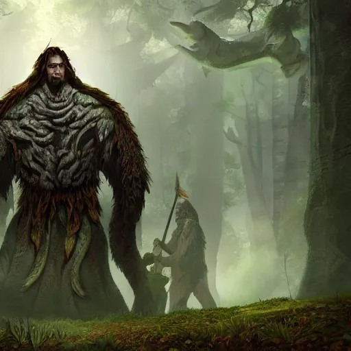 Image similar to a giant with extra heads on his shoulders, dnd in a dark forest, digital art, high quality render, artstation, 8 k, photograph quality, ultrahd, in the style of dungeons and dragons