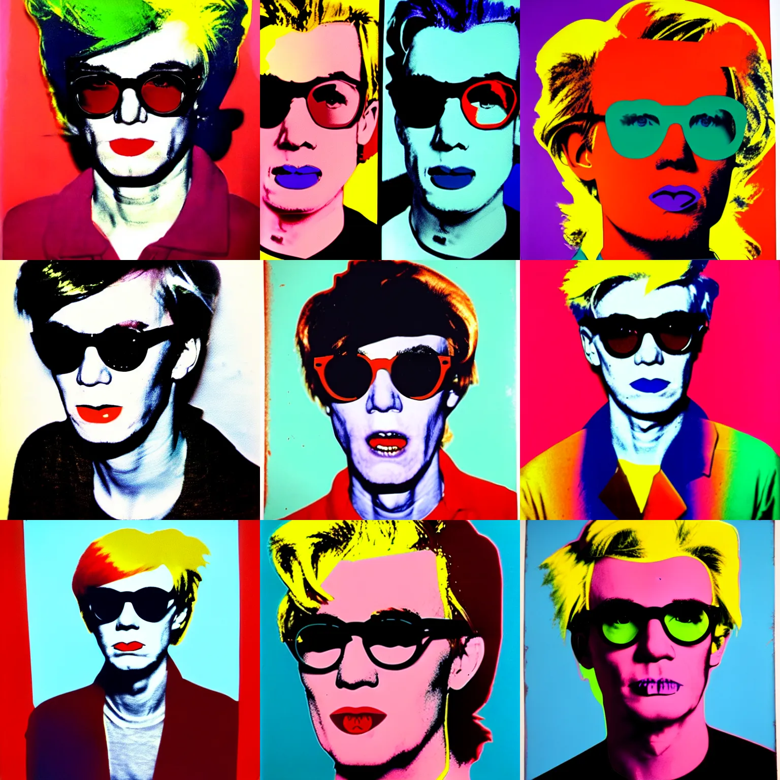 Prompt: colour portrait of extremely angry andy warhol aged 20. andy\'s shoulders are in the frame. andy looks sternly straight into the camera and wears designer sun glasses. painting in the style of andy warhol