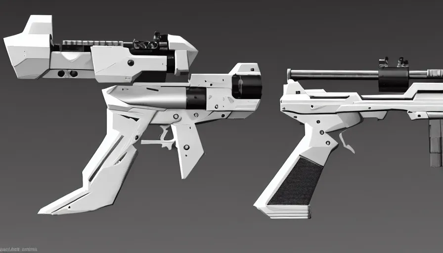 Image similar to extremely detailed realistic side view of a sci fi bullpup laser rifle, detailed trigger, chemically propelled, battery powered, smooth streamline, battery and wires, railgun, chemrail, gauss, elegant sleek smooth body, white paint, smooth utopian design, ultra high quality, minimalist, octane, cod, destiny, warframe, terminator