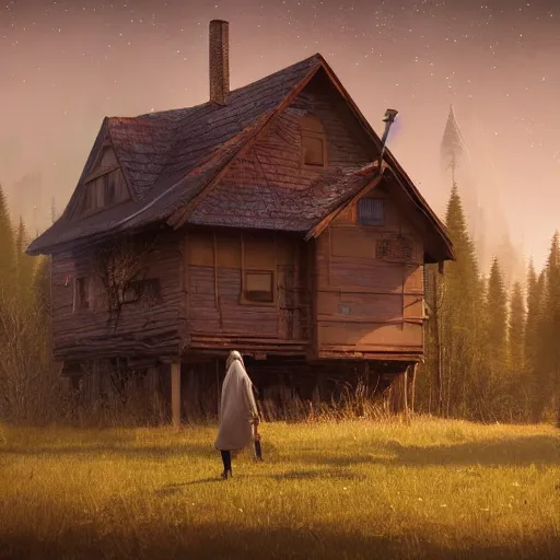 Image similar to woman leaving her wooden broken house by simon stålenhag, very highly detailed, award winning, rendered by Beeple, by Makoto Shinkai, syd meade, starwars, space art concept, digital art, unreal engine, blender, WLOP, trending on artstation, 4K UHD image, octane render