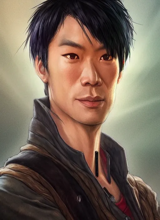 Image similar to asian man with short black hair low angle point of view, dndbeyond, bright, colourful, realistic, dnd character portrait, full body, pathfinder, pinterest, art by ralph horsley, dnd, rpg, lotr game design fanart by concept art, behance hd, artstation, deviantart, hdr render in unreal engine 5