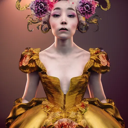 Image similar to 8k, octane render, realism, tonalism, renaissance, rococo, baroque, portrait of a young lady wearing long harajuku manga dress with flowers and skulls, background chaotic gold leaf flowers