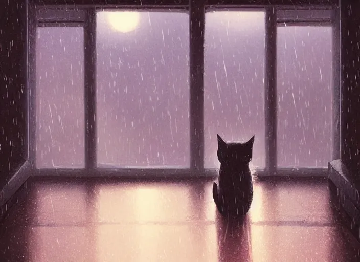 Image similar to cute cat sleeping in front of a window with a view of a rainy city, bokeh lights, dark sky, cozy indoor lighting, greg rutkowski, artstation, loish, alena aenami