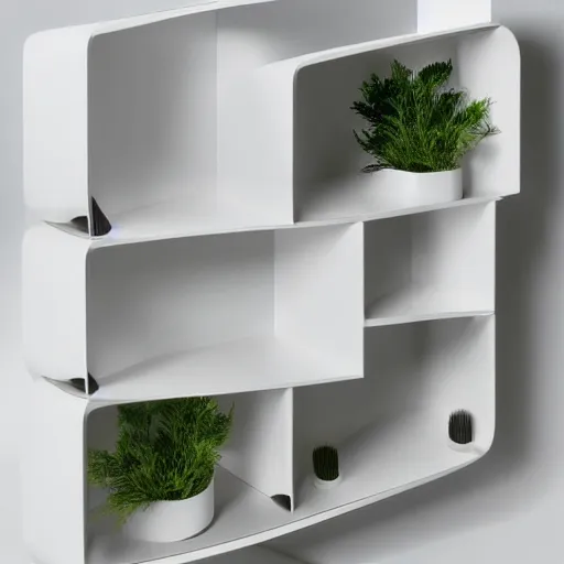 Image similar to white zen clean modern minimalist bookshelf with cute plants by zaha hadid, peter tarka