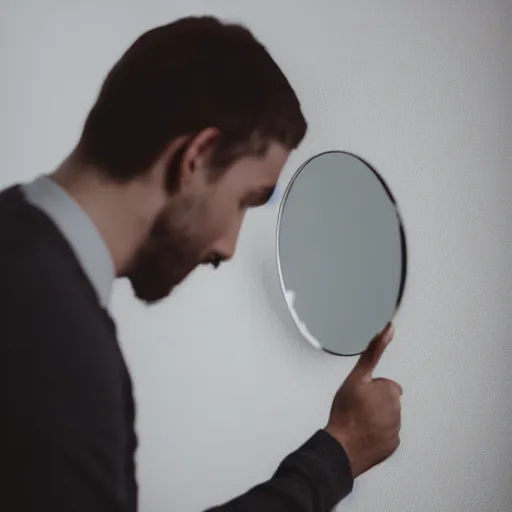 Image similar to professional photograph of a man touching a mirror on the wall