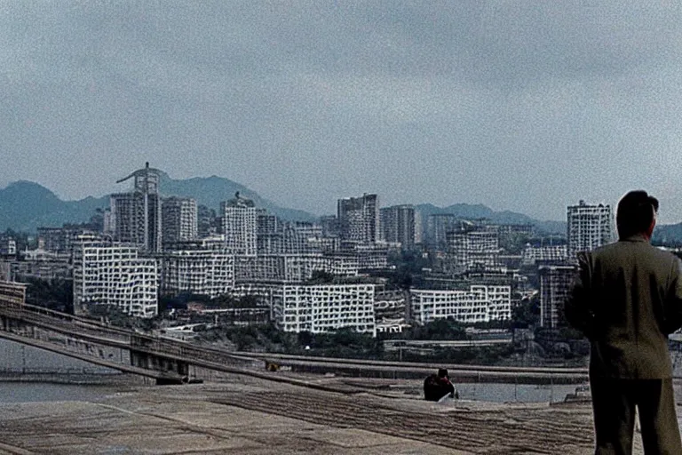 Image similar to a filmstill of Kim Jong-il looking at Starro Kaiju monster destroying Pyongyang, in Stalker (1979) by Andreï Tarkovski, traditional Korean city, palace, epic ultrawide shot, cinémascope